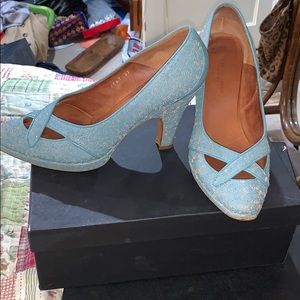 Dries Van Noten teal patterned platform heel